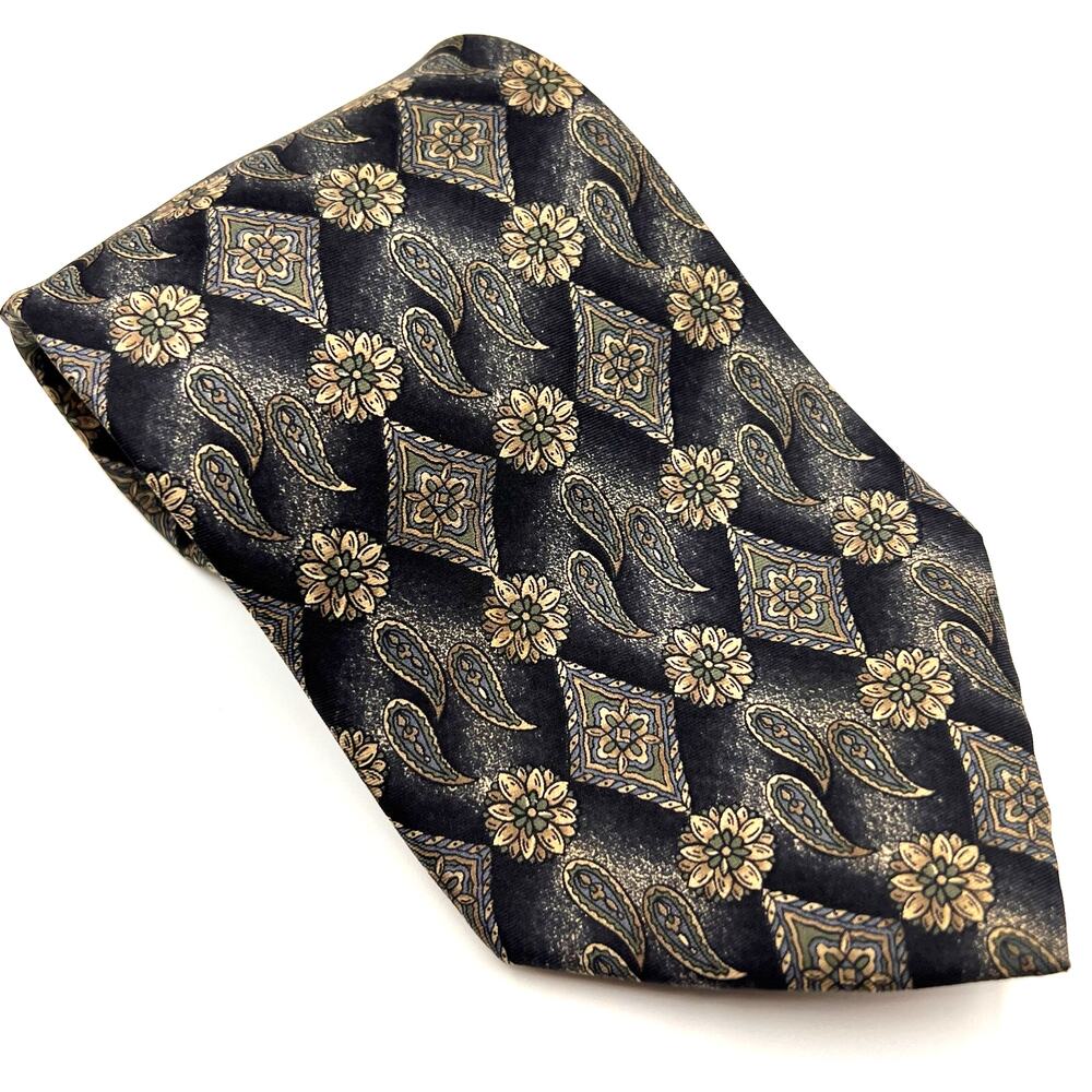 Johnny Carson - Men's Tie - Floral Paisley All Over Design -Black Gray Tan -Silk